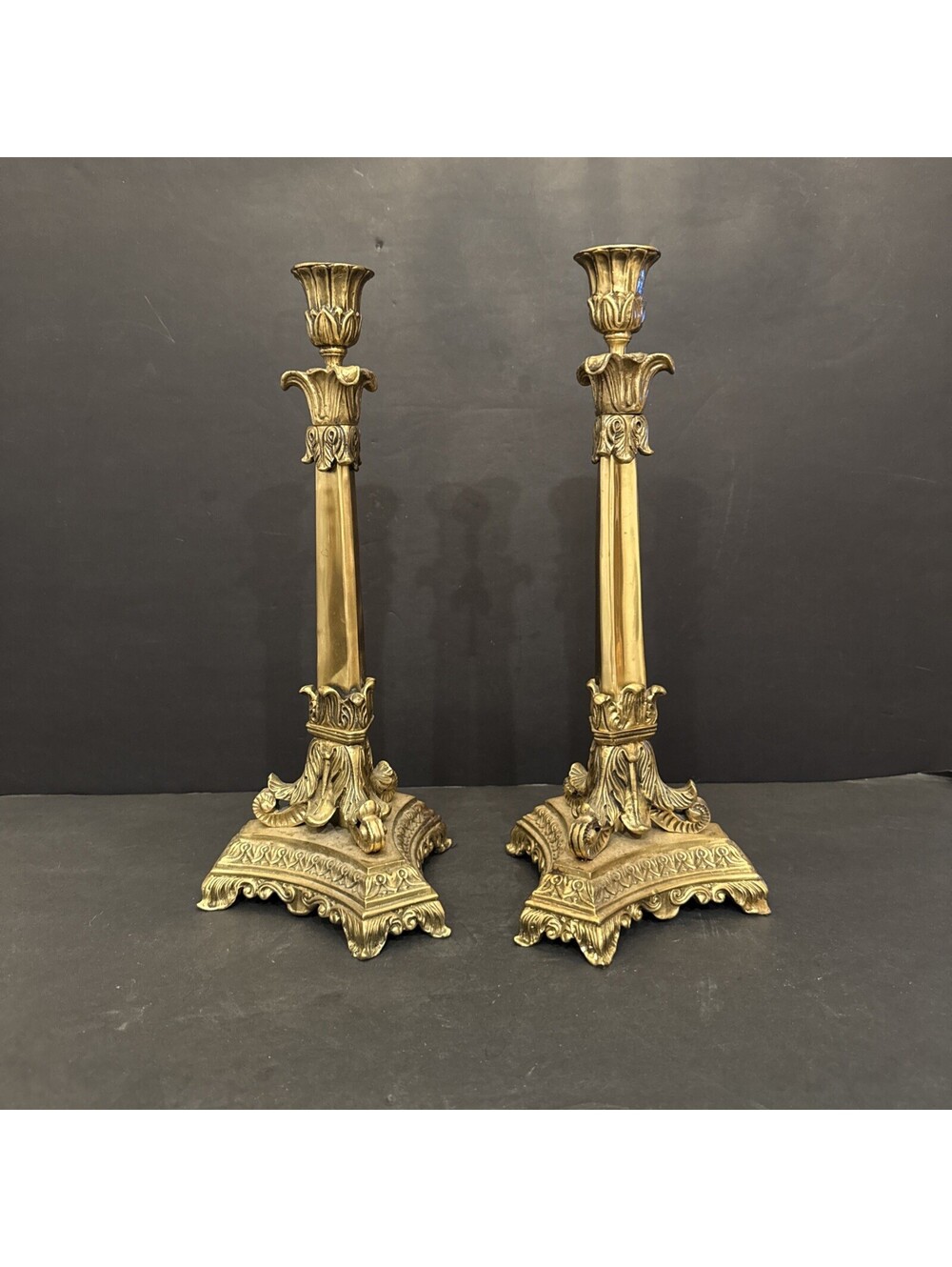 Antique Bronze Ornate Elegant Pair Of Gilt Bronze Candlesticks Stunning 13 3/8”H